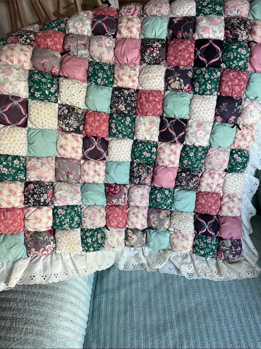 Handmade Puff Quilt Throw - Pink, Green & Cream Floral